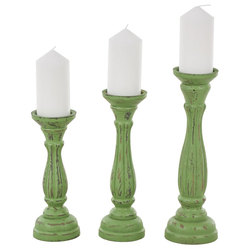 Deco 79 Wooden Decorative Candle Holder Distressed Turned Pillar Candle Stand, Set of 3 Candlestick Holder 15", 13", 11"H, Green - Image 1
